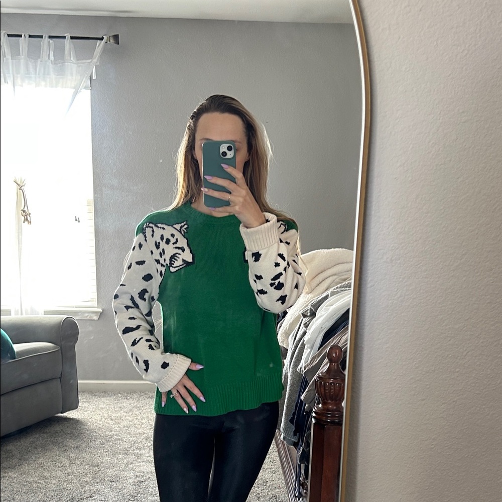 Green Sweater with Leopard Sleeves